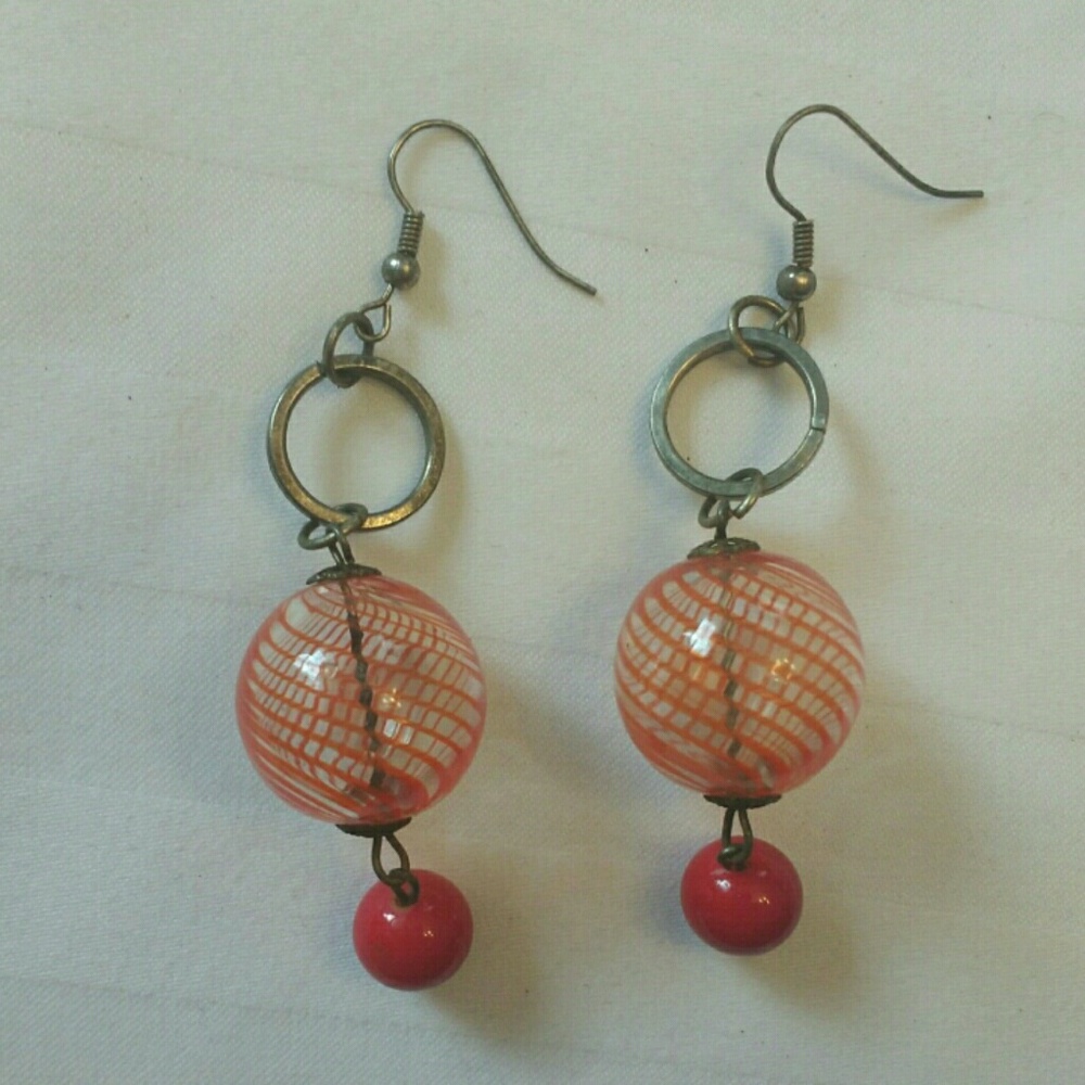 Glass red & silver tone dangling earrings
